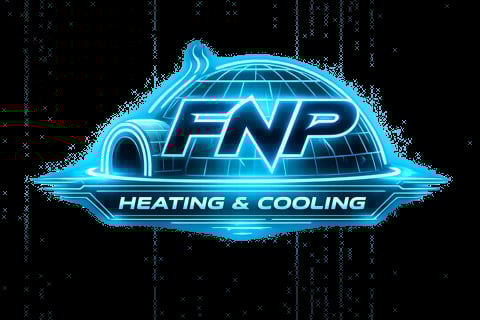 FNP Heating & Cooling neon logo with glowing blue dome design on dark background